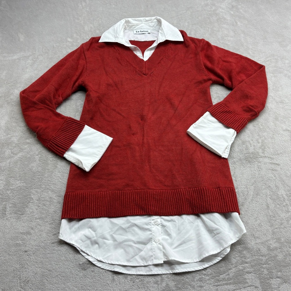 En Saison Sweater Women M Red White Layered Mixed Media Tunic Dark Preppy Modest